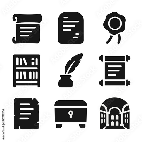Library History Icons. Solid, filled icons set of the history of libraries and the preservation of knowledge: