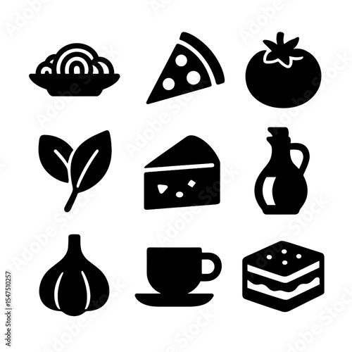 Italian Cuisine Icons. Solid, filled icons set of Italian cuisine: pasta plate, pizza slice, tomato, basil