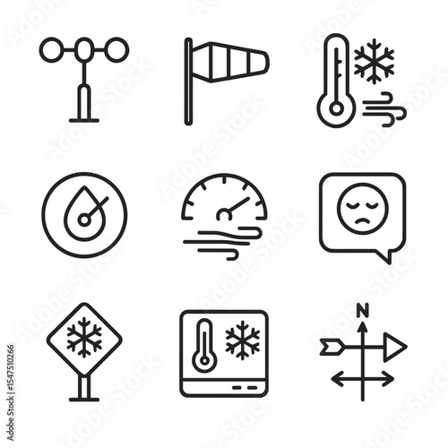 Wind Chill Tools Icons. Outline icon set of wind chill measurement tools: anemometer, windsock, thermometer with snowflake,