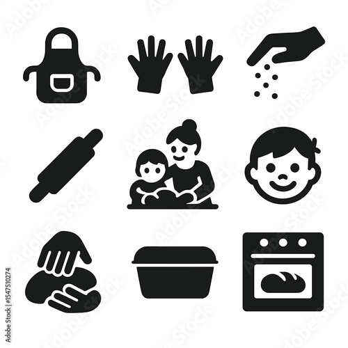 Kids Baking Icons. Solid, filled icons set of bread baking with kids: tiny apron, little hands, sprinkle flour