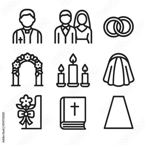 Wedding Icons Outline. Outline icon set of wedding ceremony: officiant stole, bride and groom, wedding rings, floral arch, unity