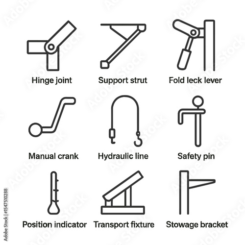 Wing Folding Icons. Outline icon set of wing folding and storage features: hinge joint, support strut, fold lock lever, manual