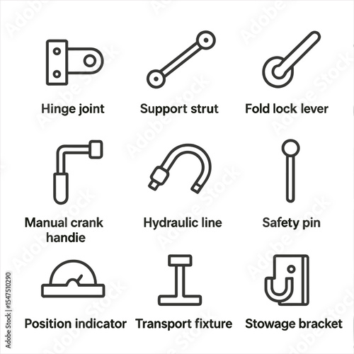 Wing Folding Icons. Outline icon set of wing folding and storage features: hinge joint, support strut, fold lock lever, manual