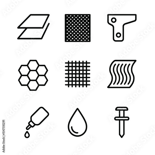 Wing Material Icons. Outline icon set of wing materials and construction: aluminum alloy sheet, carbon‐fiber composite, titanium