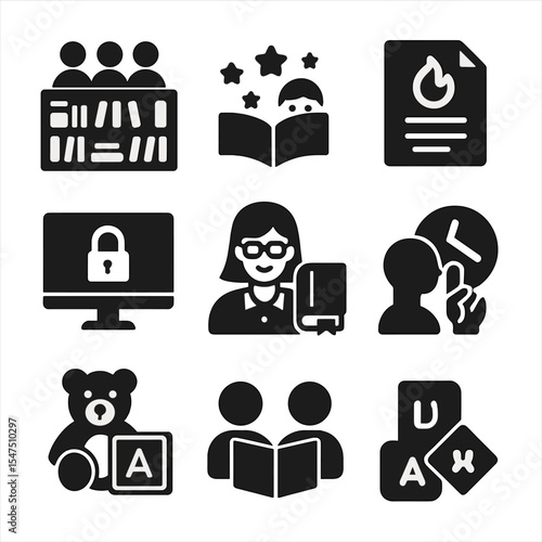 Library Services Icons. Solid, filled icons set of public library services: community shelf, reading program,