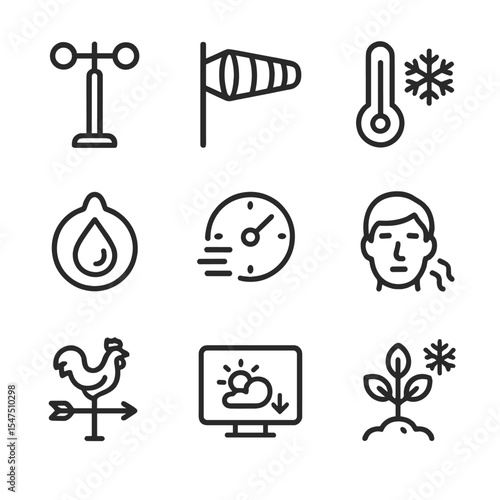 Wind Chill Tools Icons. Outline icon set of wind chill measurement tools: anemometer, windsock, thermometer with snowflake,