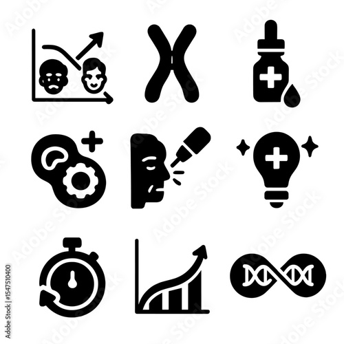 Longevity Research Icons. Solid, filled icons set of futuristic longevity research: age reversal chart,