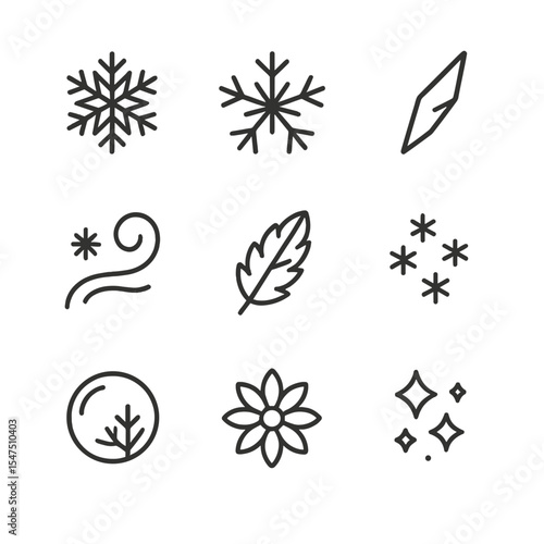 Winter Icons Set. Outline icon set of frost and snow patterns: snowflake pattern, frost crystal, ice shard, snow swirl, hoarfrost