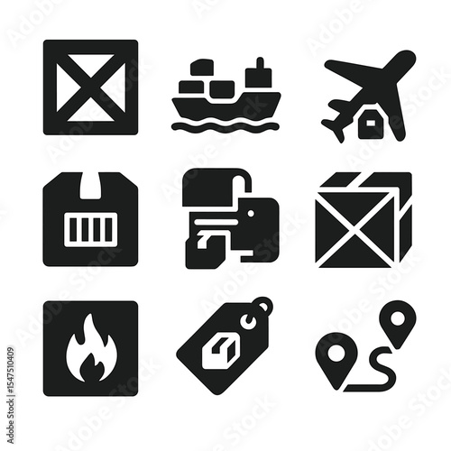 Logistics Icon Set. Solid, filled icons set of export logistics and packaging: export crate, ship icon, air