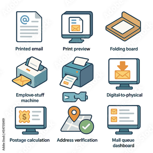 Email to Mail Icons. Isometric Flat icon set of Email-to-Mail Conversion Workflow: printed email sheet, print preview icon,