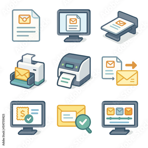 Email to Mail Icons. Isometric Flat icon set of Email-to-Mail Conversion Workflow: printed email sheet, print preview icon,