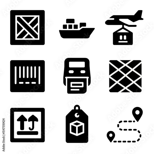 Logistics Icon Set. Solid, filled icons set of export logistics and packaging: export crate, ship icon, air