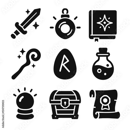 Magical Artifact Icons. Solid, filled icons set of magical artifacts: enchanted sword, glowing amulet,