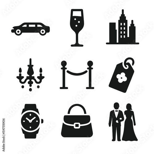Luxury Lifestyle Icons. Solid, filled icons set of luxury lifestyle imagery: limo car, champagne glass, city