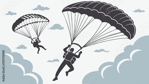 Two skydivers parachuting through the clouds. Silhouette illustration of extreme sport and freedom.