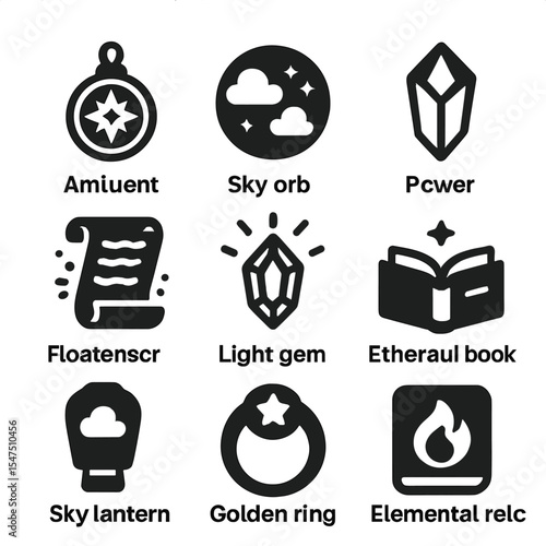Magical Artifacts Icons. Solid, filled icons set of magical artifacts in the sky: ancient amulet, sky orb,