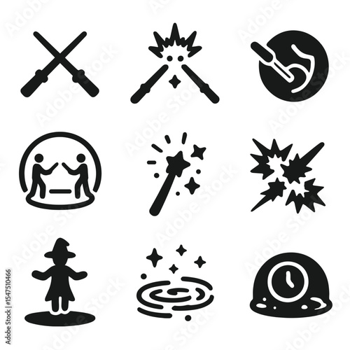 Magical Duel Icons. Solid, filled icons set of magical duels: crossed wands, spell clash, energy shield, duel