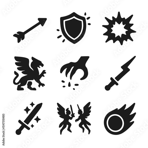 Magical Combat Icons. Solid, filled icons set of magical combat in the sky: magic arrow, glowing shield,