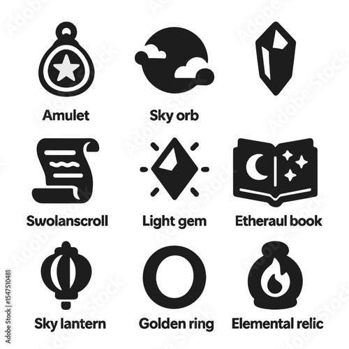 Magical Artifacts Icons. Solid, filled icons set of magical artifacts in the sky: ancient amulet, sky orb,