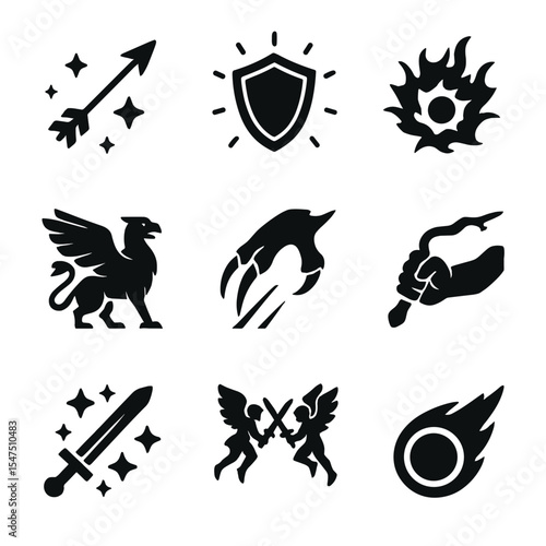 Magical Combat Icons. Solid, filled icons set of magical combat in the sky: magic arrow, glowing shield,