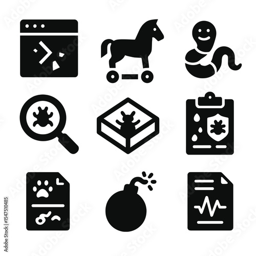 Malware Tools Icon Set. Solid, filled icons set of malware investigation tools: code disassembler, trojan icon