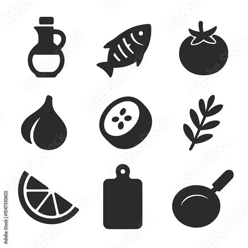 Mediterranean Cooking Icons. Solid, filled icons set of cooking a Mediterranean-style meal with olive oil,