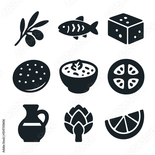 Mediterranean Cuisine Icons. Solid, filled icons set of Mediterranean cuisine: olive branch, grilled fish,