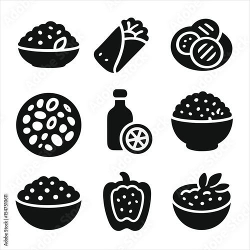Mediterranean Dish Icons. Solid, filled icons set of light and healthy Mediterranean plates: quinoa salad,
