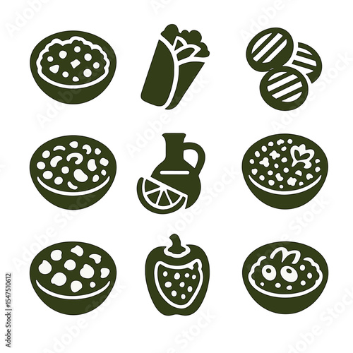 Mediterranean Dish Icons. Solid, filled icons set of light and healthy Mediterranean plates: quinoa salad,