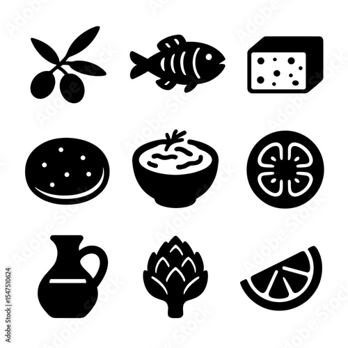 Mediterranean Cuisine Icons. Solid, filled icons set of Mediterranean cuisine: olive branch, grilled fish,