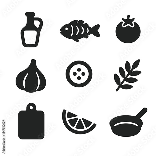 Mediterranean Cooking Icons. Solid, filled icons set of cooking a Mediterranean-style meal with olive oil,