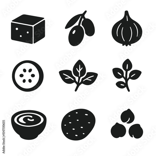 Mediterranean Ingredients Icons. Solid, filled icons set of Mediterranean ingredients: feta cheese, kalamata