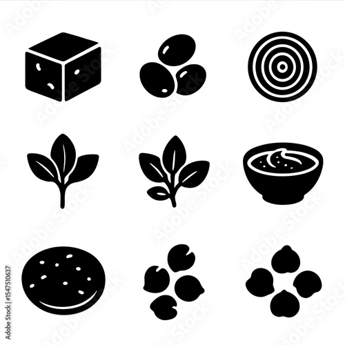 Mediterranean Ingredients Icons. Solid, filled icons set of Mediterranean ingredients: feta cheese, kalamata