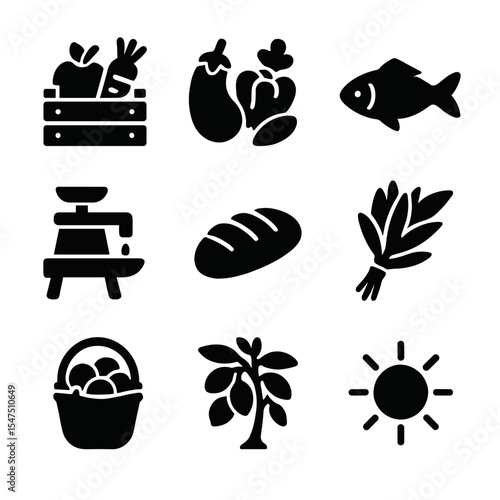 Mediterranean Food Icons. Solid, filled icons set of farm-to-table Mediterranean food: farm crate, fresh