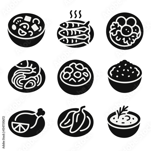 Mediterranean Meal Icons. Solid, filled icons set of traditional Mediterranean meals: Greek salad, grilled
