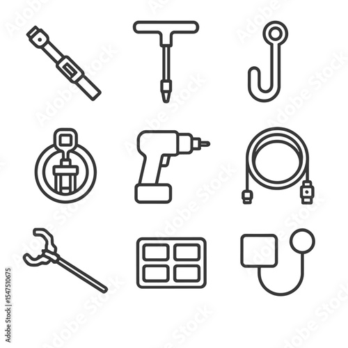EVA Tools Icon Set. Outline icon set of EVA tools and instruments: torque wrench, t-handle screwdriver, tether hook, portable foot