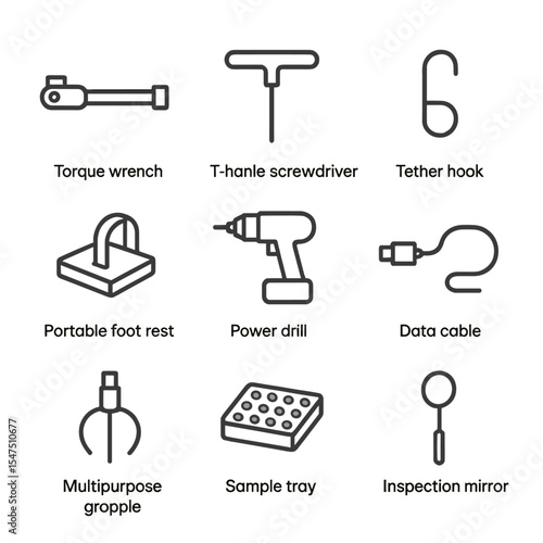 EVA Tools Icon Set. Outline icon set of EVA tools and instruments: torque wrench, t-handle screwdriver, tether hook, portable foot