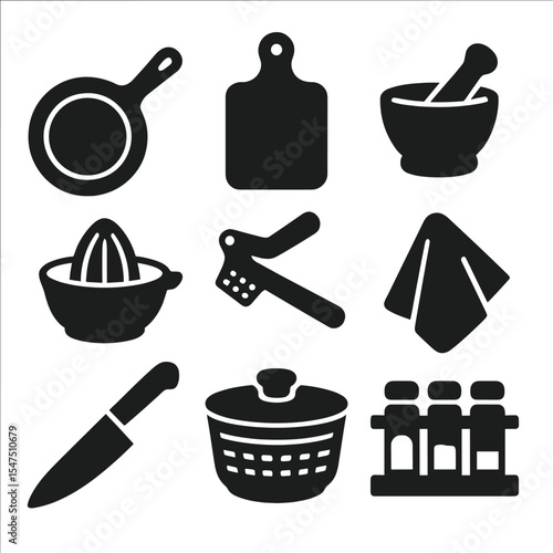 Mediterranean Kitchen Icons. Solid, filled icons set of kitchen tools for Mediterranean cooking: cast iron pan
