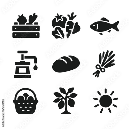 Mediterranean Food Icons. Solid, filled icons set of farm-to-table Mediterranean food: farm crate, fresh