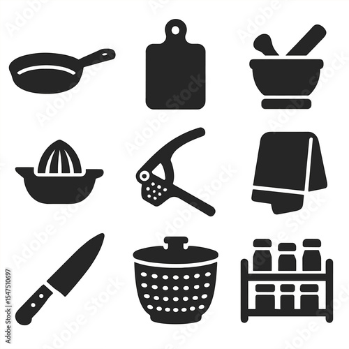 Mediterranean Kitchen Icons. Solid, filled icons set of kitchen tools for Mediterranean cooking: cast iron pan