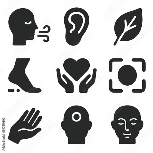 Mindfulness Icon Set. Solid, filled icons set of mindfulness during nature walks: deep breath icon, ear icon,