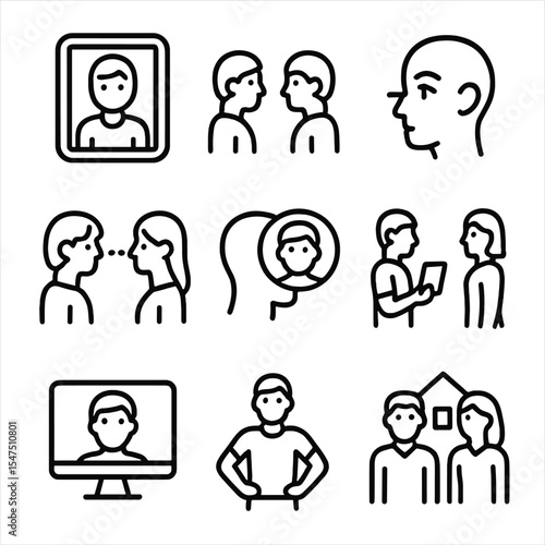 Eye Contact Icons. Outline icon set of eye contact exercises: mirror practice, partner drill, gaze holding, focal fixation,
