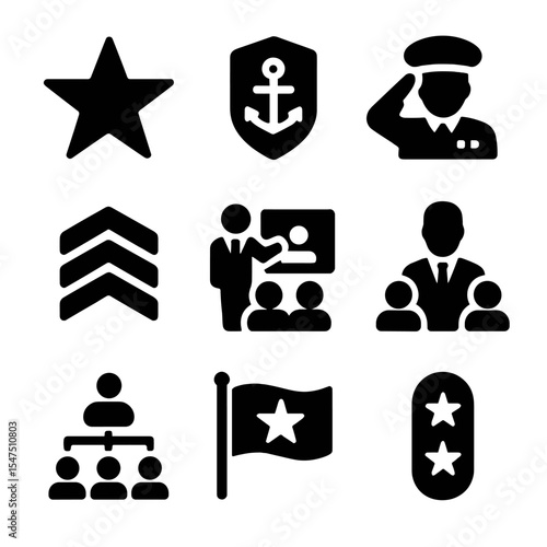 Military Rank Icons. Solid, filled icons set of military rank and command: admiral star, captain’s badge,