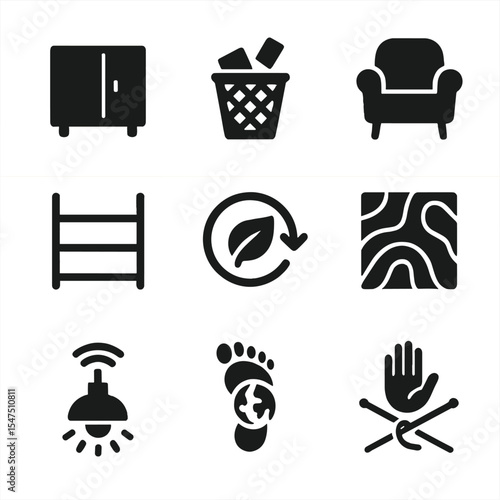 Minimalist Eco Icons. Solid, filled icons set of minimalist and sustainable design: neutral palette, declutter