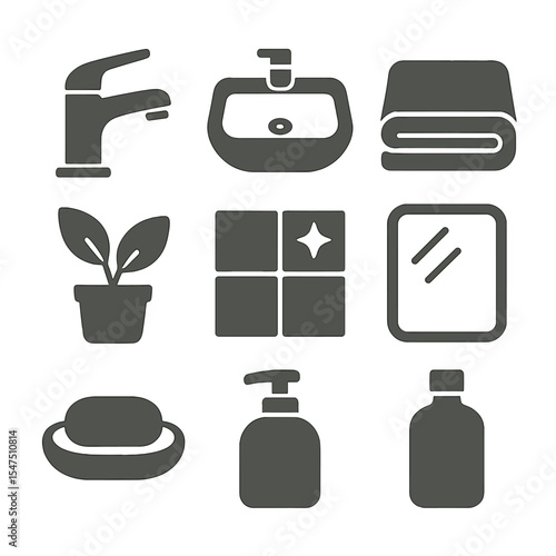 Minimalist Bathroom Icons. Solid, filled icons set of minimalist bathroom aesthetics: chrome faucet, spotless