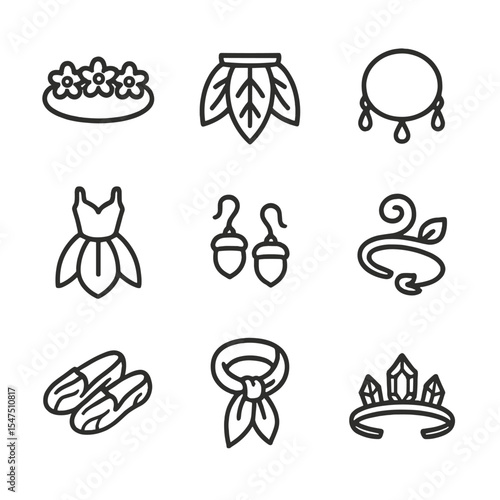 Fairy Attire Icons. Outline icon set of fairy attire and jewelry: flower crown, leaf skirt, dewdrop necklace, petal dress, acorn