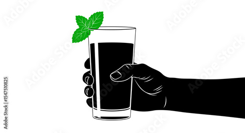 Hand holding a glass with mint leaves on a white background in minimalistic style