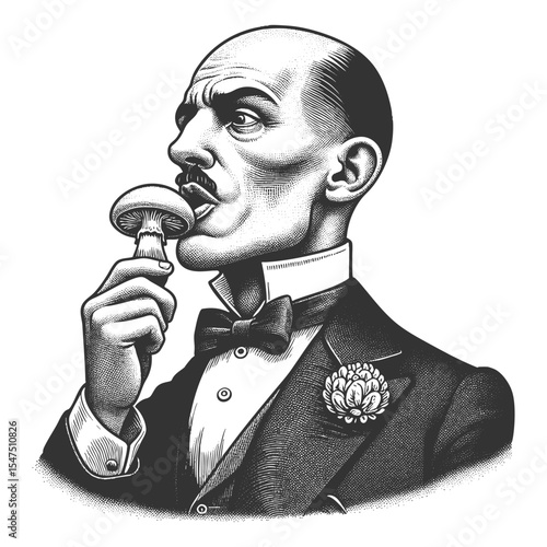 Funny man in formalwear holding a mushroom near his mouth sketch engraving generative ai fictional character vector illustration. Scratch board imitation. Black and white image.
