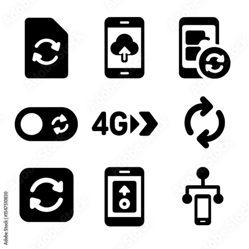Mobile Data Sync Icons. Solid, filled icons set of mobile data syncing: SIM card icon, mobile cloud, data plan