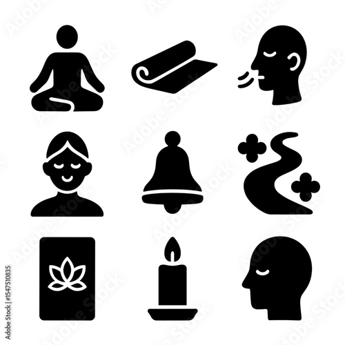 Mindfulness Icon Set. Solid, filled icons set of mindfulness and meditation: lotus pose, meditation mat,